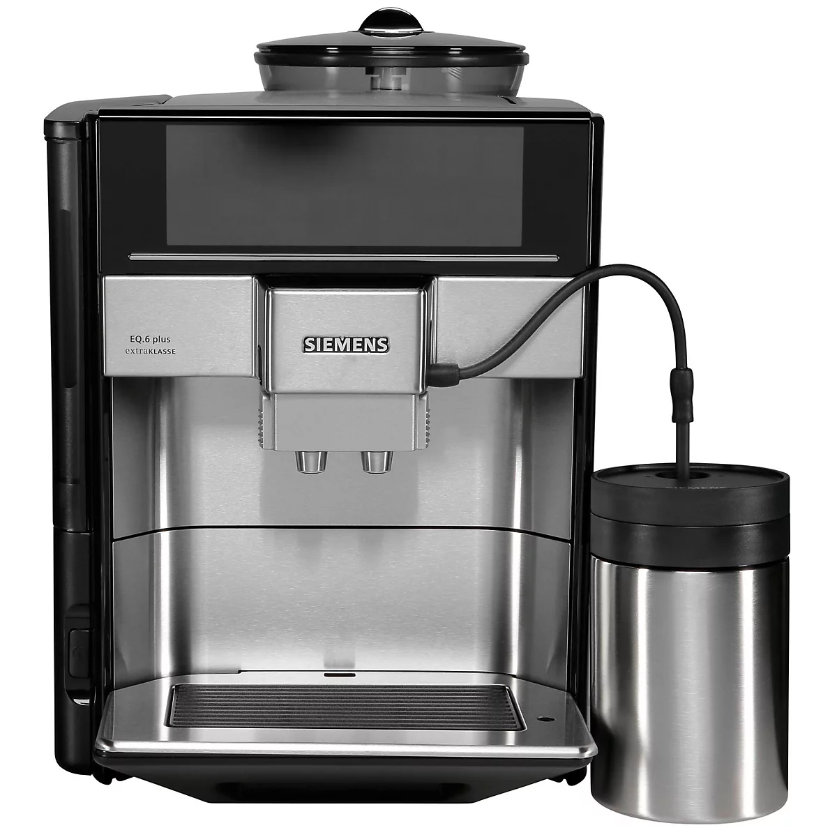 Zilver-zwarte Siemens koffiemachine. Een watertank wordt getoond. De machine heeft een touchscreen en het 'Siemens' logo is zichtbaar.