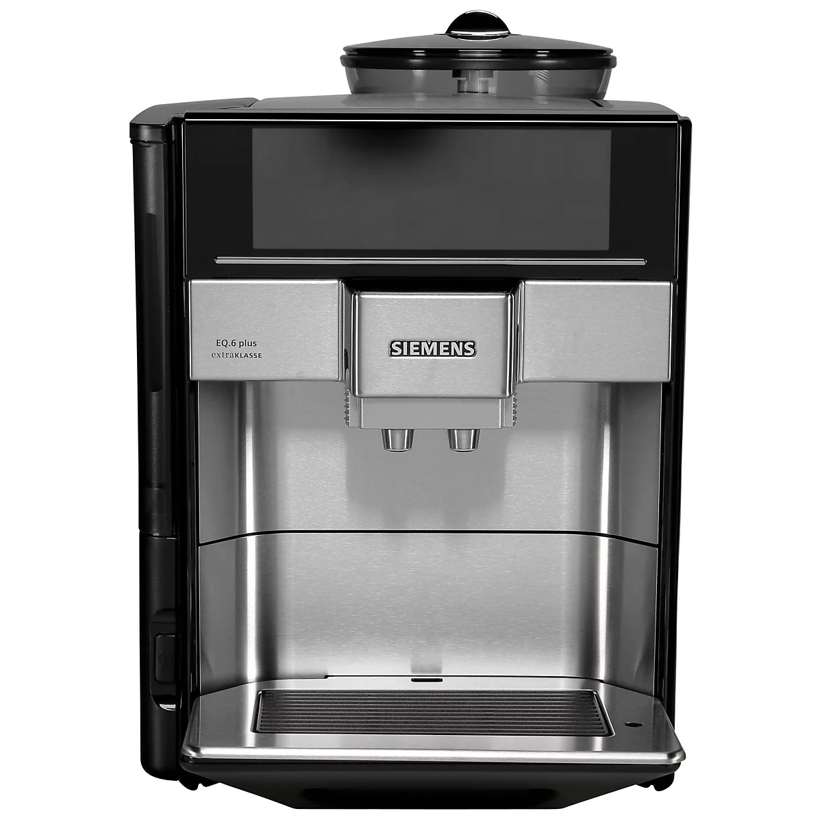 Volautomatische koffiemachine met roestvrijstalen voorkant. Zwarte achtergrond met display en Siemens logo.