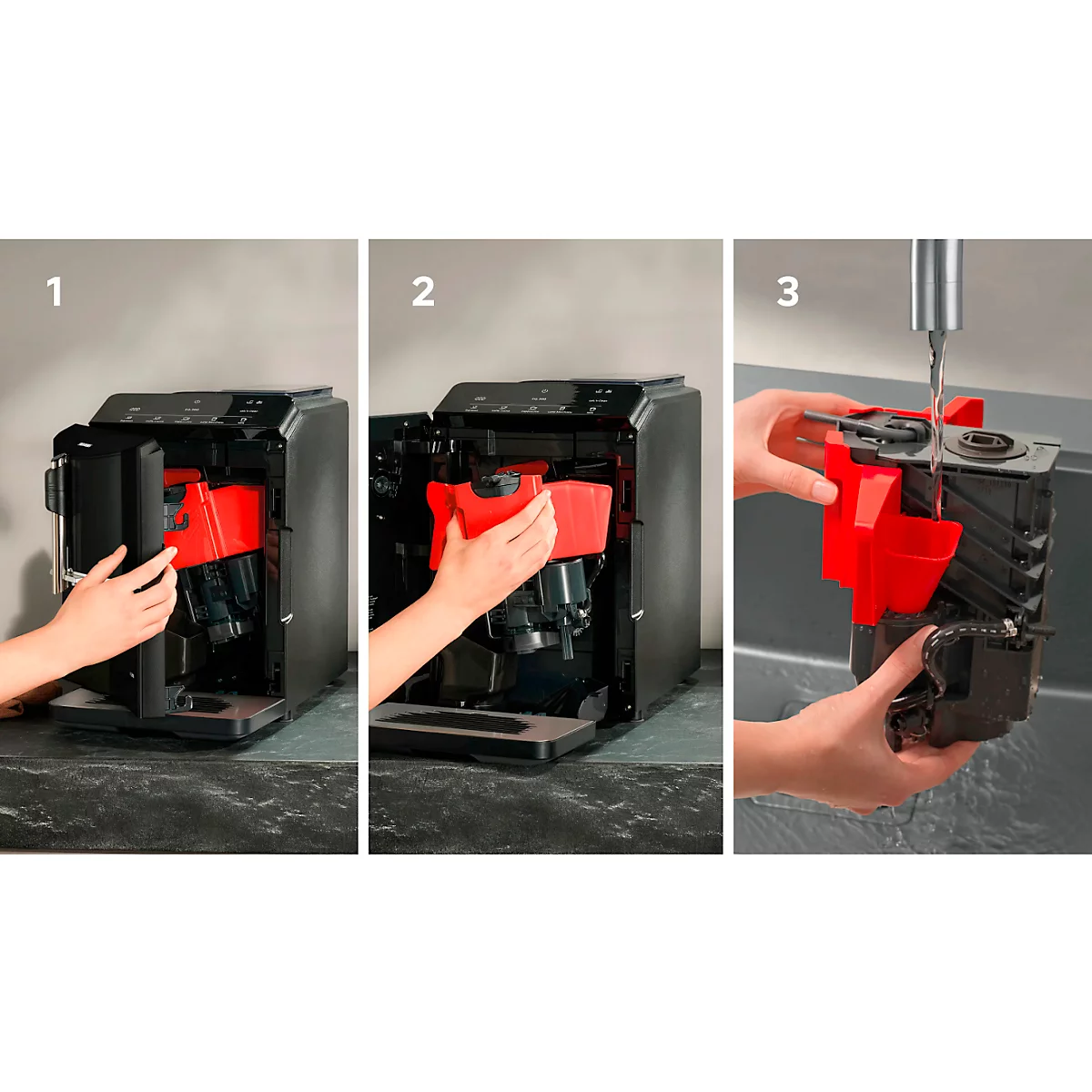 Stappen voor het reinigen van een koffiemachine: verwijderen, reinigen en plaatsen.