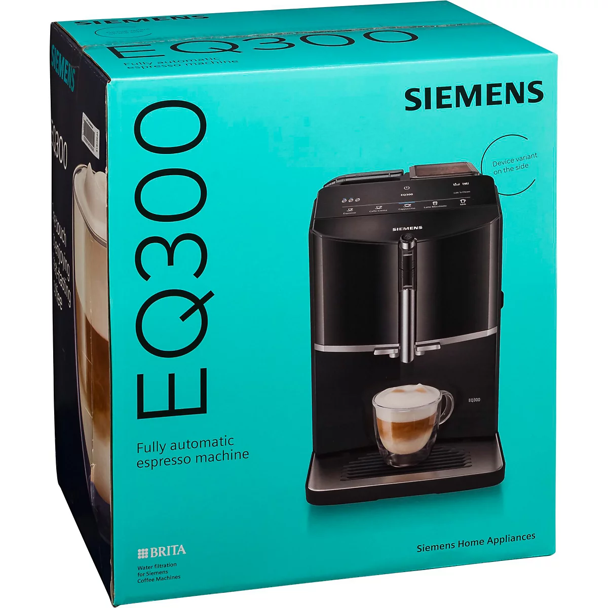 Zwarte Siemens EQ300 volautomatische espressomachine, afgebeeld op de doos. Een kopje cappuccino beneden.
