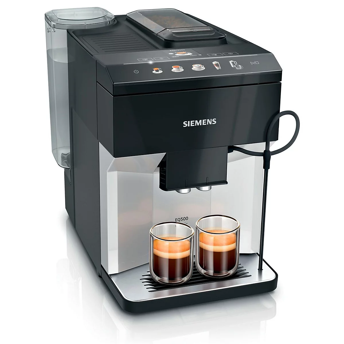 Een zwart-zilveren Siemens koffiemachine met twee gevulde glazen. De machine heeft het woord Siemens erop.