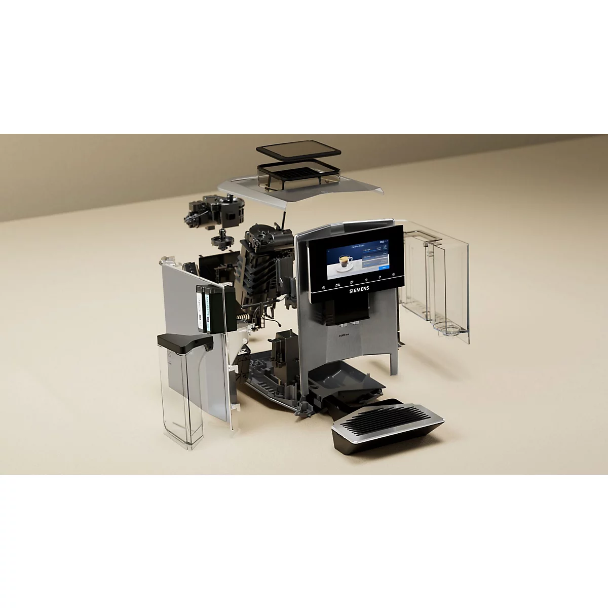 Exploded view van een koffiemachine: onderdelen, display, waterreservoir, opvangbak, lichtbruine achtergrond.