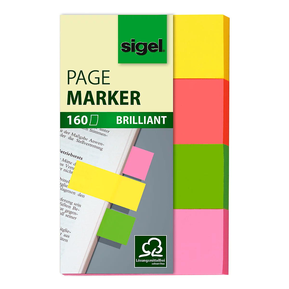 Cardboard with colorful sticky notes. Yellow, pink and green markers are applied to the book.