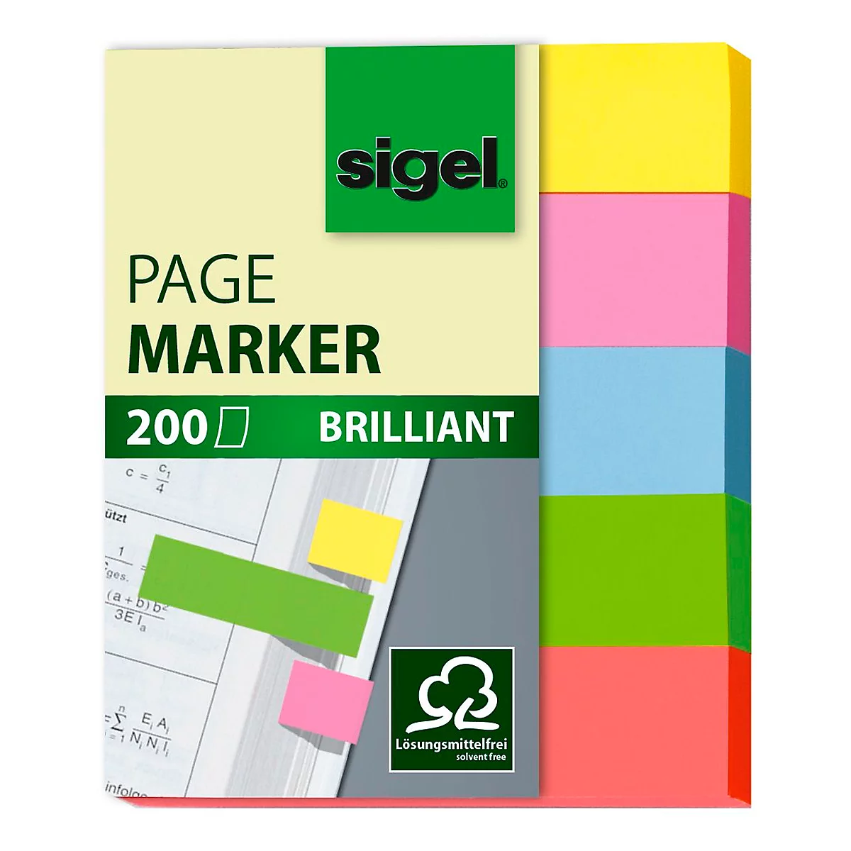 Blocks of colorful sticky notes, with the imprint of "sigel PAGE MARKER 200 BRILLIANT". Below are yellow, green and pink sticky notes on a document.
