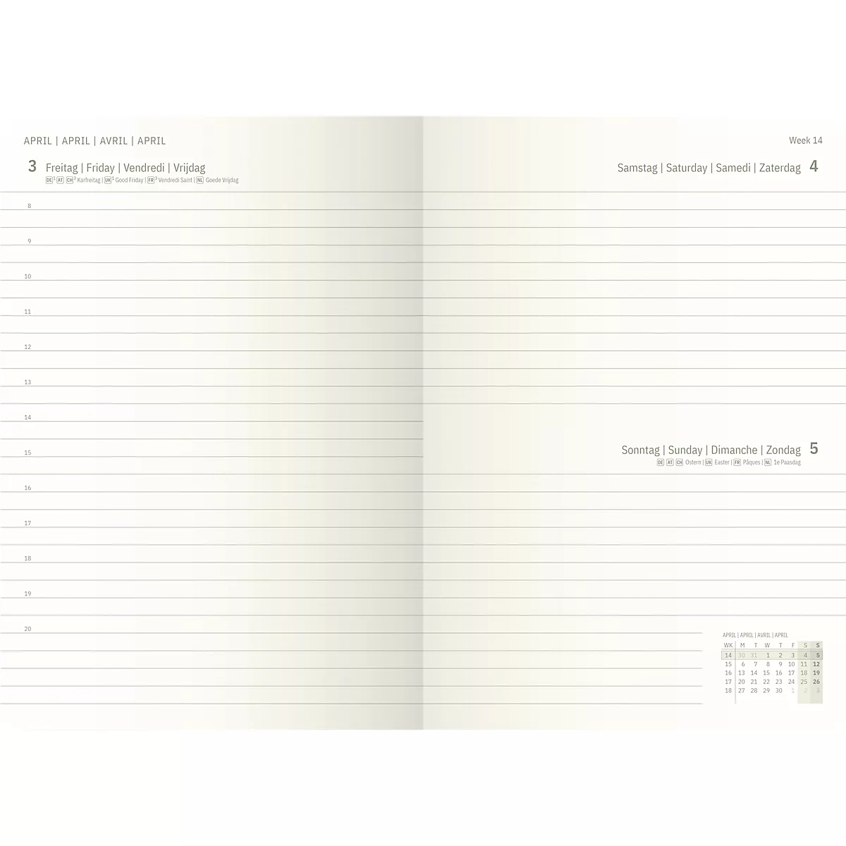 Page de calendrier ouverte, lignes grises sur papier crème. 3 et 4 avril, avec calendrier.