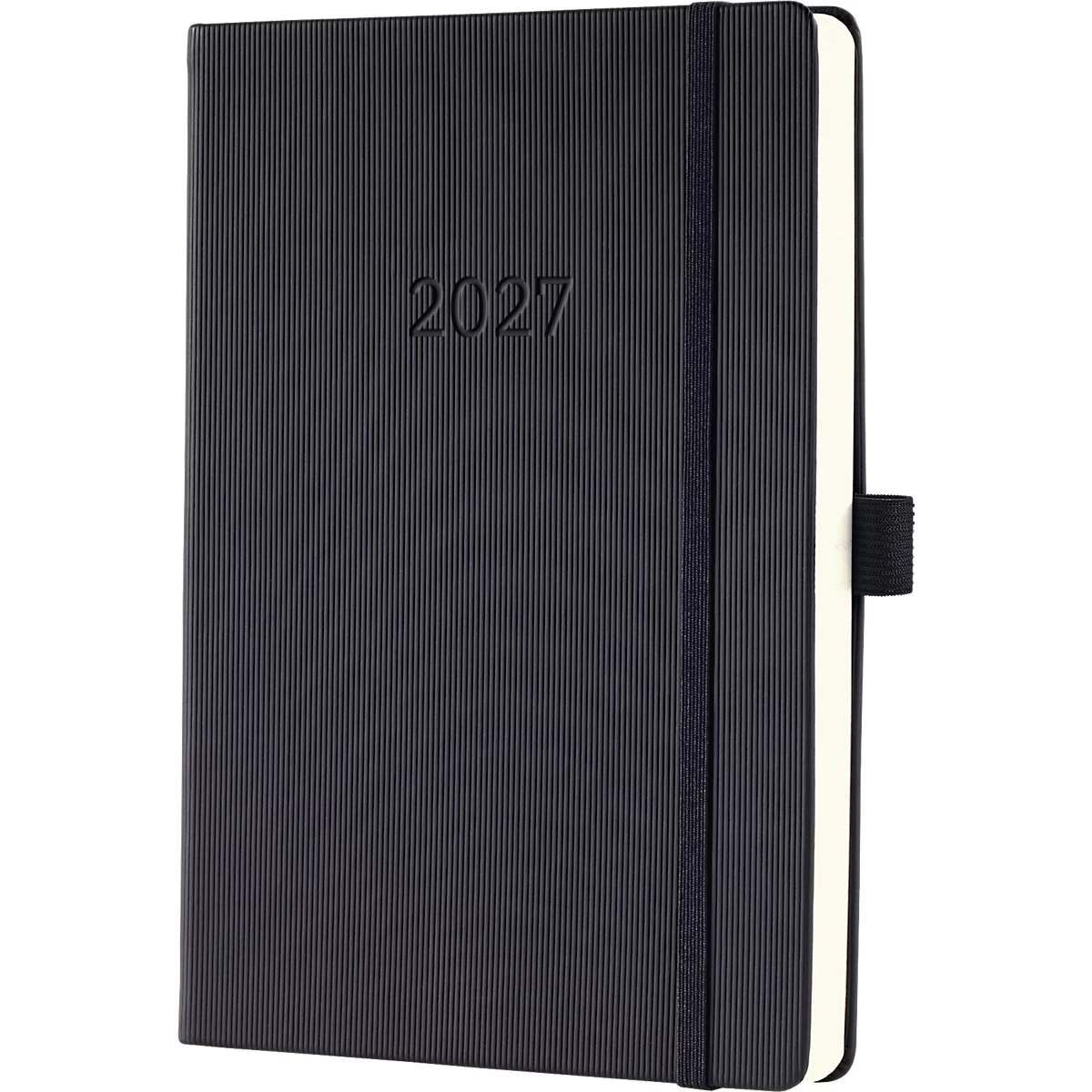 Cahier bleu foncé avec l'année 2027 en relief. Texture côtelée verticale, avec signet et élastique.