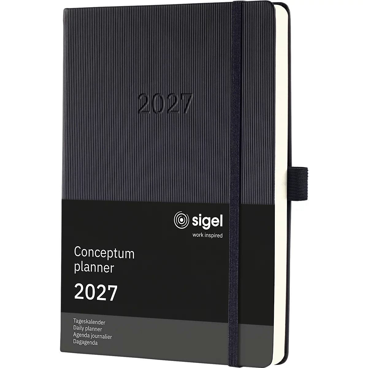 Agenda bleu foncé avec l'année 2027 sur la couverture. Inscription : Conceptum planner 2027, logo Sigel. Avec élastique.