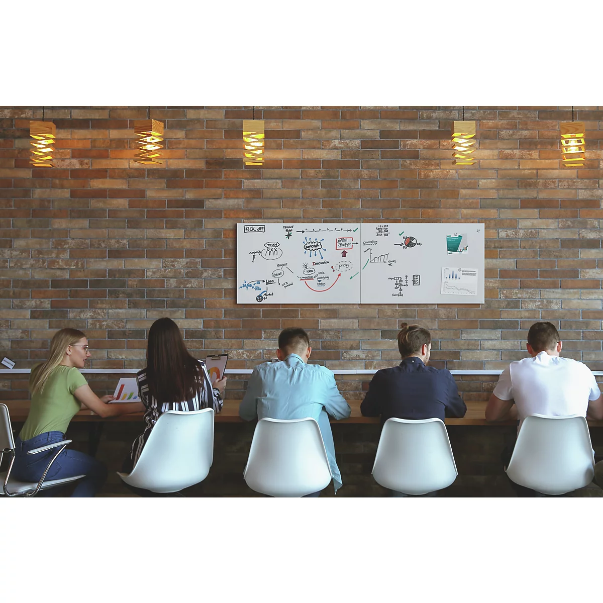 Verschillende mensen zitten aan een tafel in een café, met aantekeningen en een whiteboard op de achtergrond. Drie lampen hangen aan het plafond.