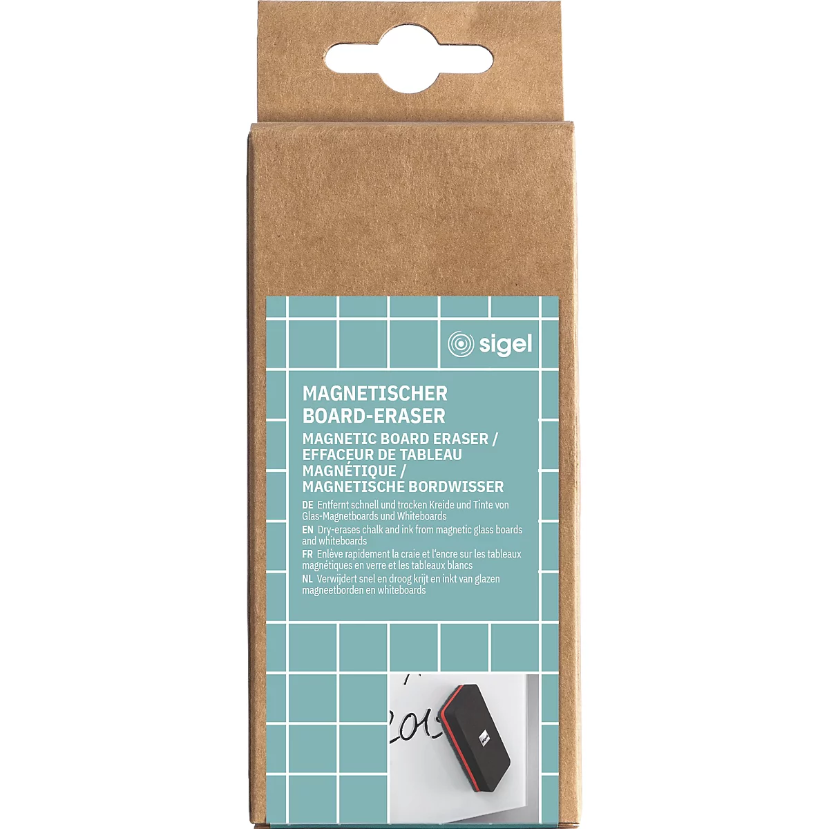 Productverpakking van een magnetische board-eraser, met productinformatie in meerdere talen.