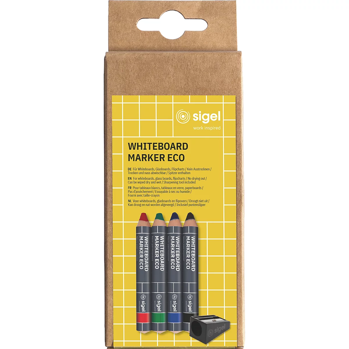 Vier Buntstifte mit der Aufschrift Whiteboard Marker Eco in Schwarz, Blau, Grün und Rot. Neben jedem Stift ein farbiger Streifen und das Sigel Logo.