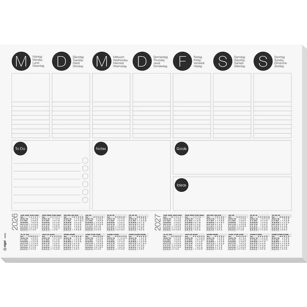 Zwart-witte weekplanner. Duidelijke indeling voor weekdagen, to-do list, notities, doelen en ideeën. Met kalenders voor 2026 en 2027.