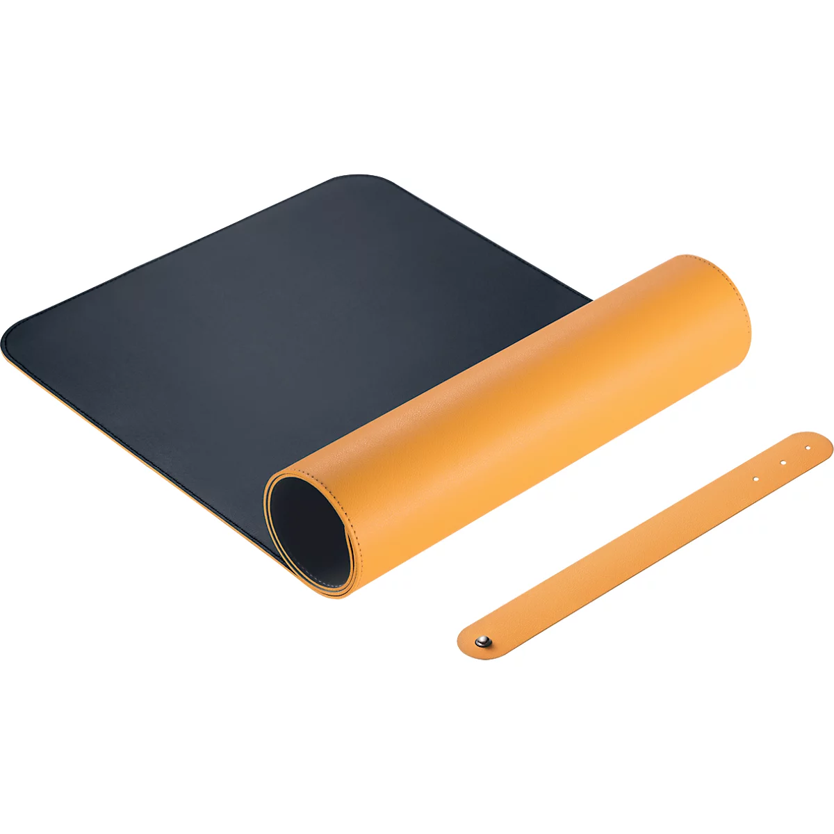 Bureaumat, gedeeltelijk opgerold, blauw en oranje, met riem.