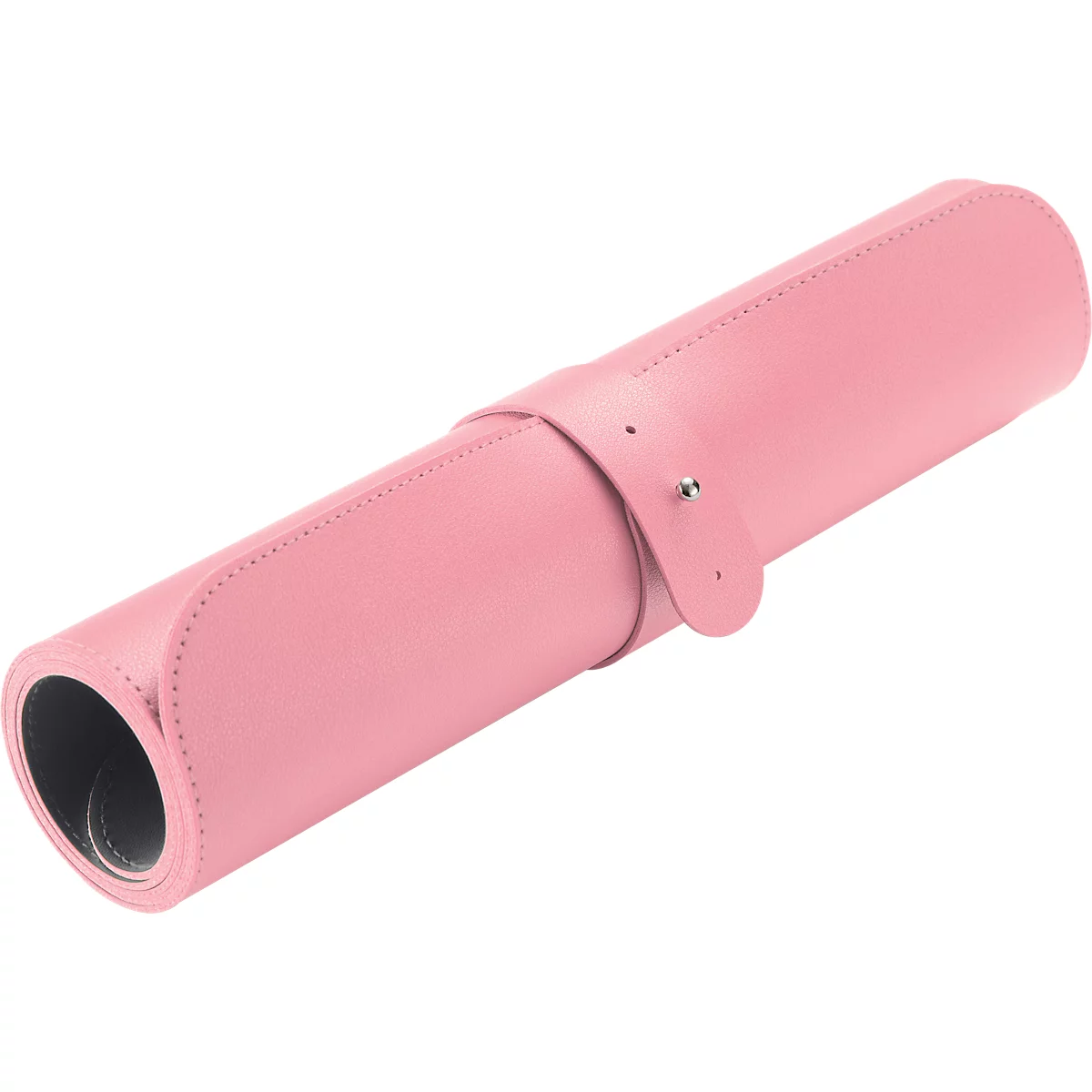 Opgerold roze lederen muismat met een sluiting.