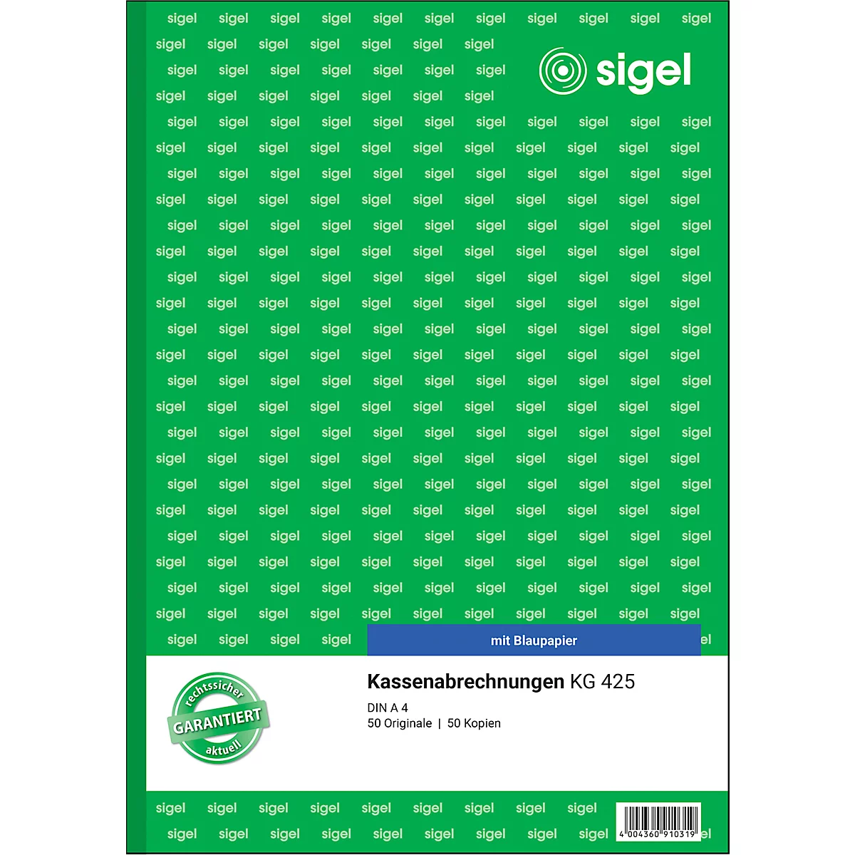Blue cash accounting book KG 425 on a green background with Sigel logo. Guarantee seal at the bottom left.