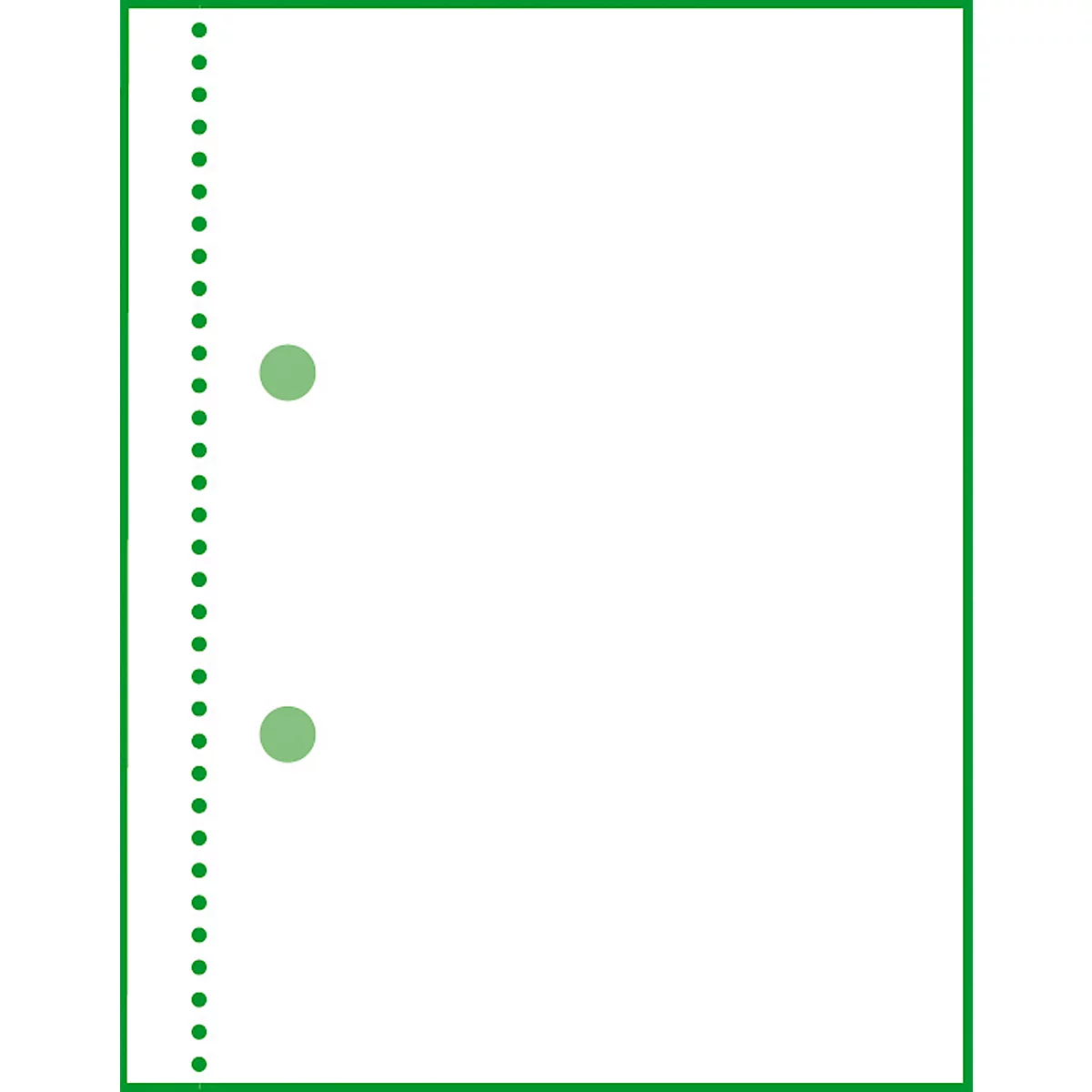 A white sheet of paper with a green border and a perforated edge, two green circles.