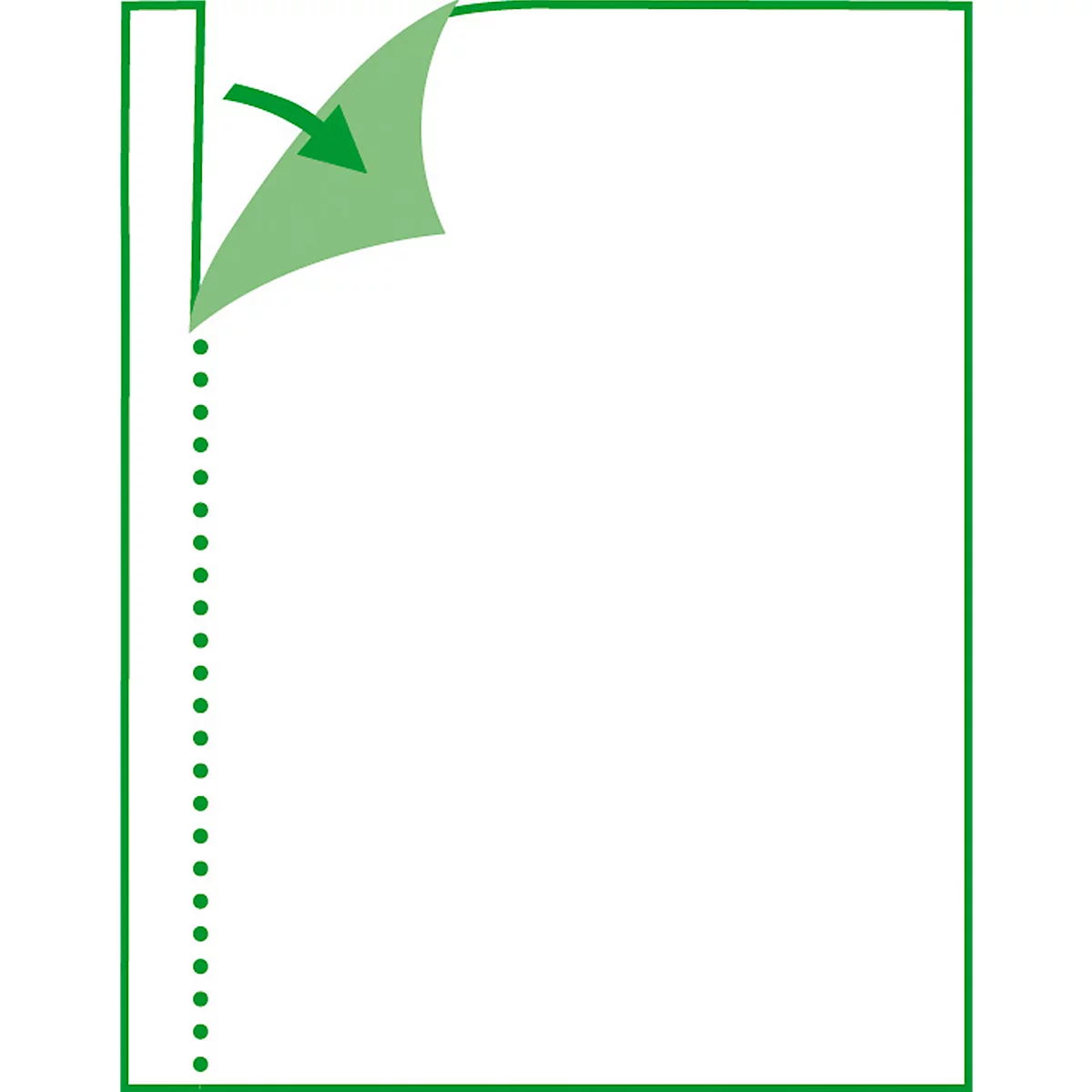 A corner of a green sheet is folded up against a white background. A green arrow is on the upper right.