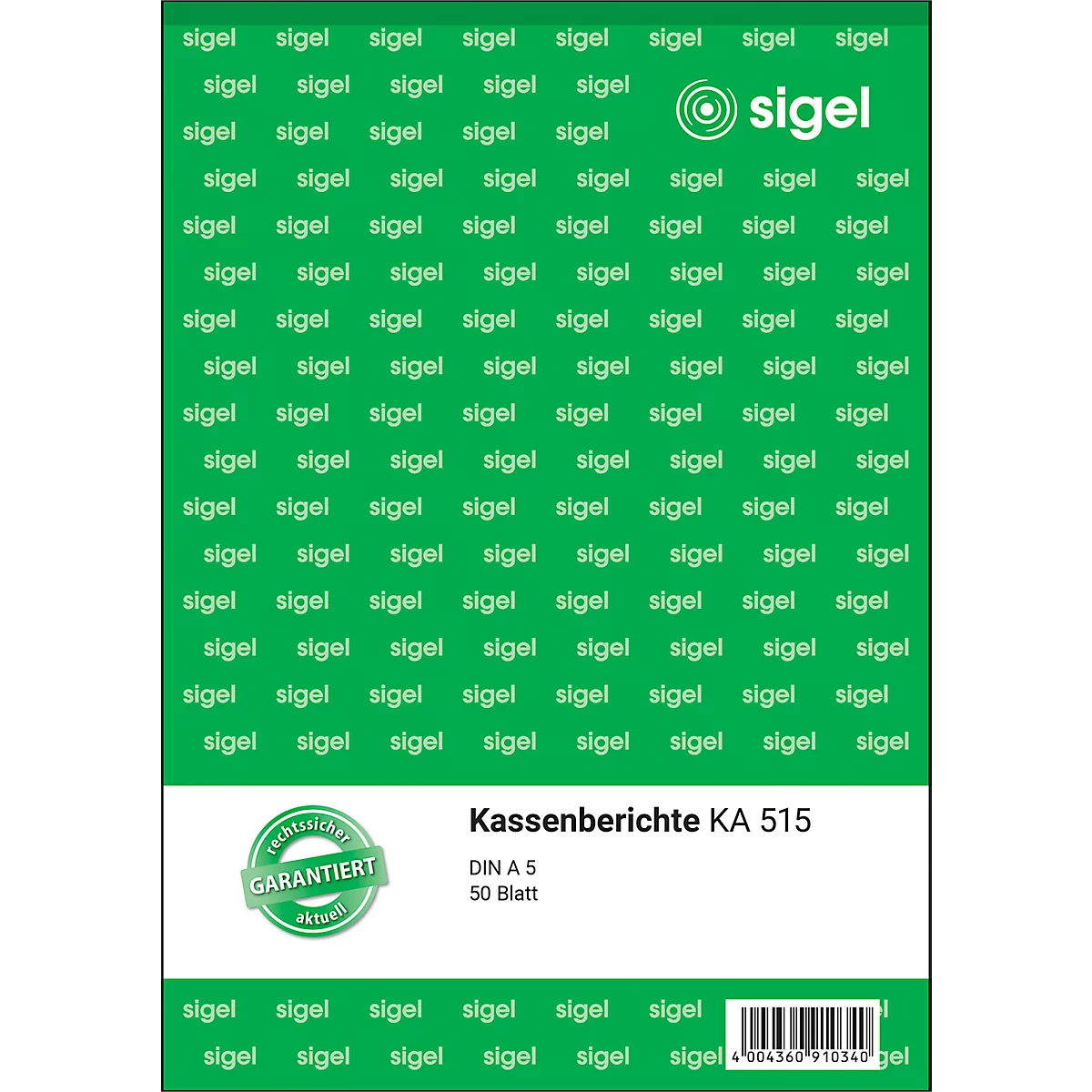 Green notebook with the word "sigel". Below is written "Kassenberichte KA 515" and "guaranteed".