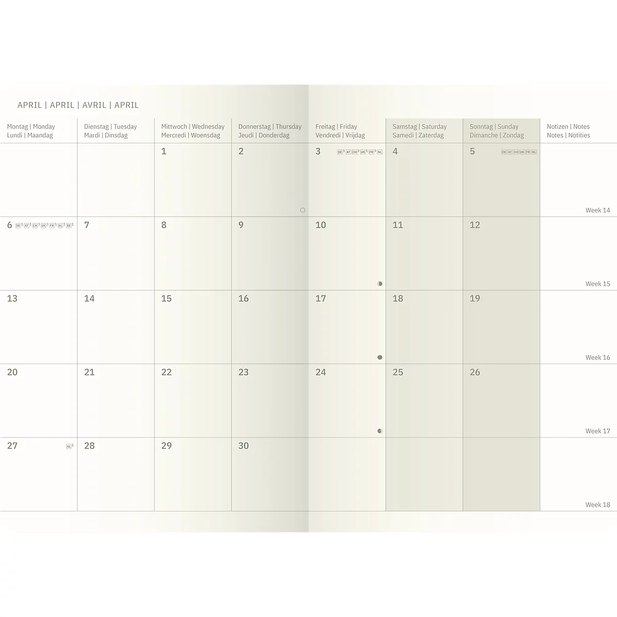 Un calendrier ouvert affiche la page d'avril. Des cases gris clair avec des numéros de date et des aperçus hebdomadaires.
