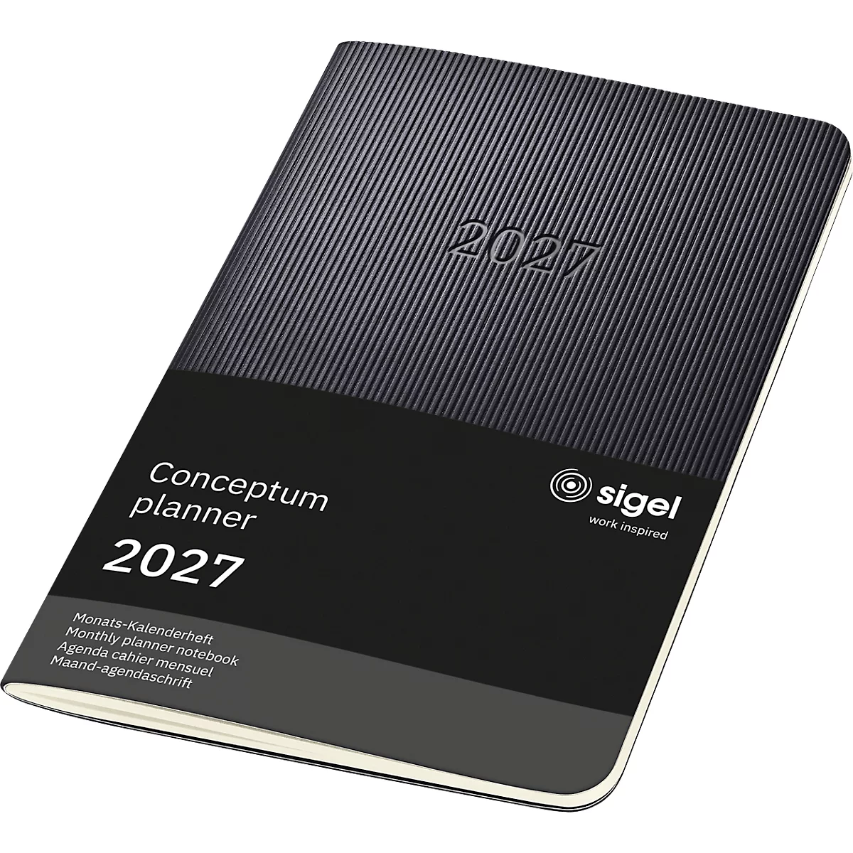 Vue de dessus en biais d'un agenda Conceptum noir pour 2027. La couverture indique "2027", "Conceptum planner 2027".