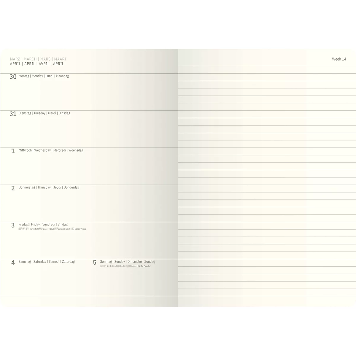 Open spread van een crèmekleurige weekplanner, links weekoverzicht, rechts gelinieerde pagina's.