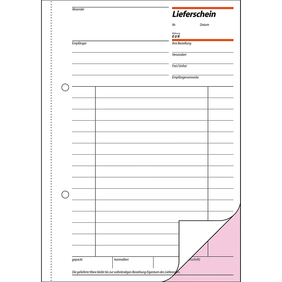 Lined delivery form with orange and pink accent. The lower part is bent.