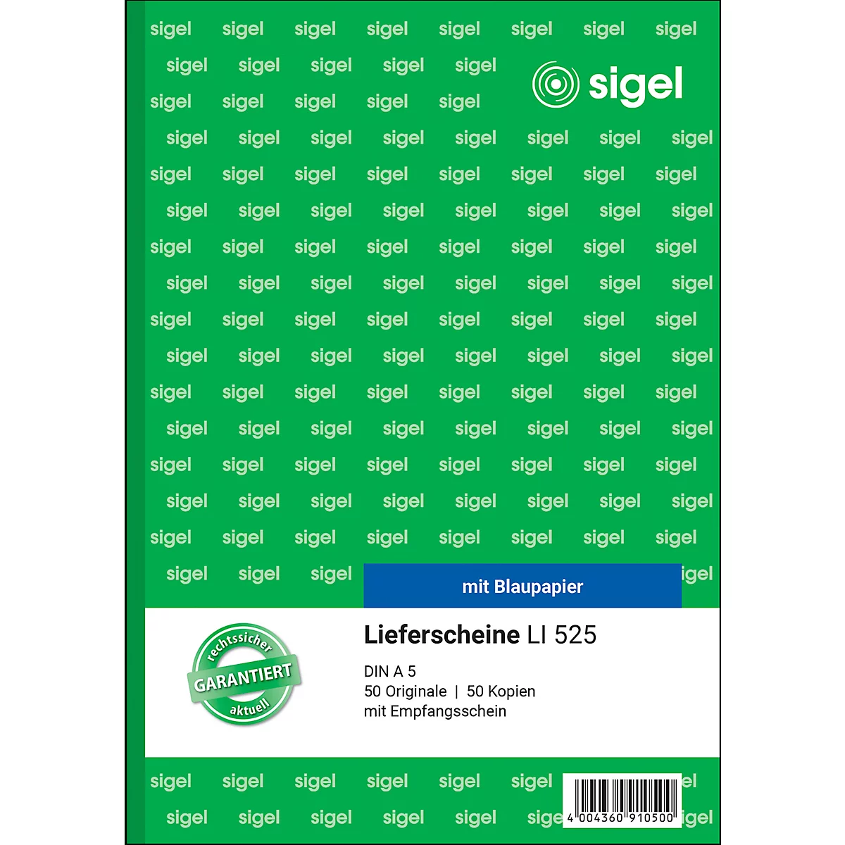 Green block with white lettering "sigel". Below it is written "Lieferscheine LI 525".