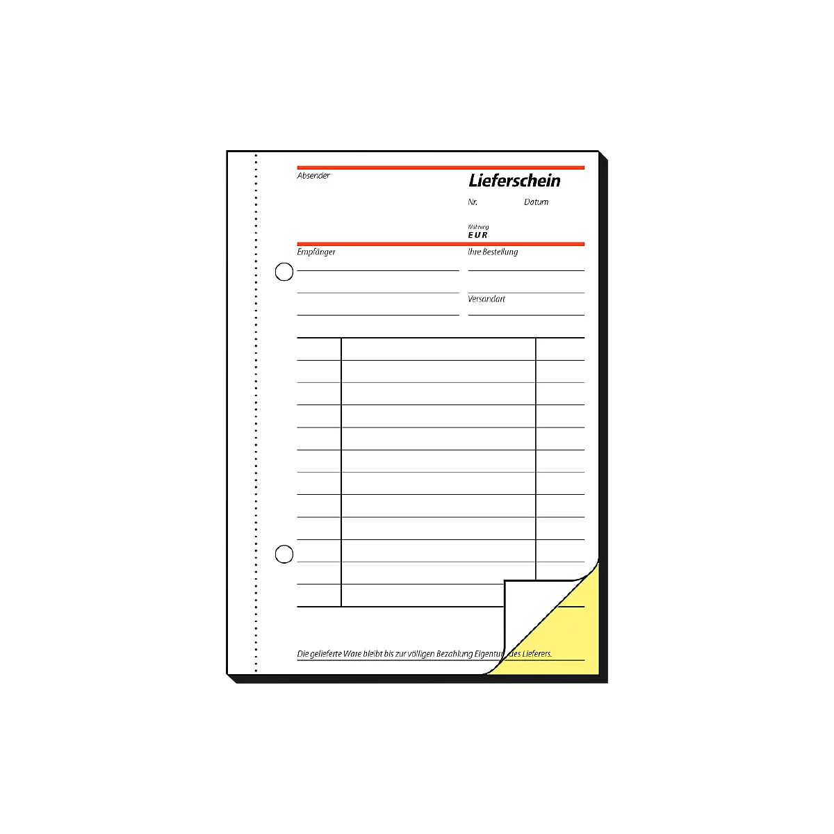 A white delivery note form with red text. The word 'Lieferschein' is at the top. Yellow corner.