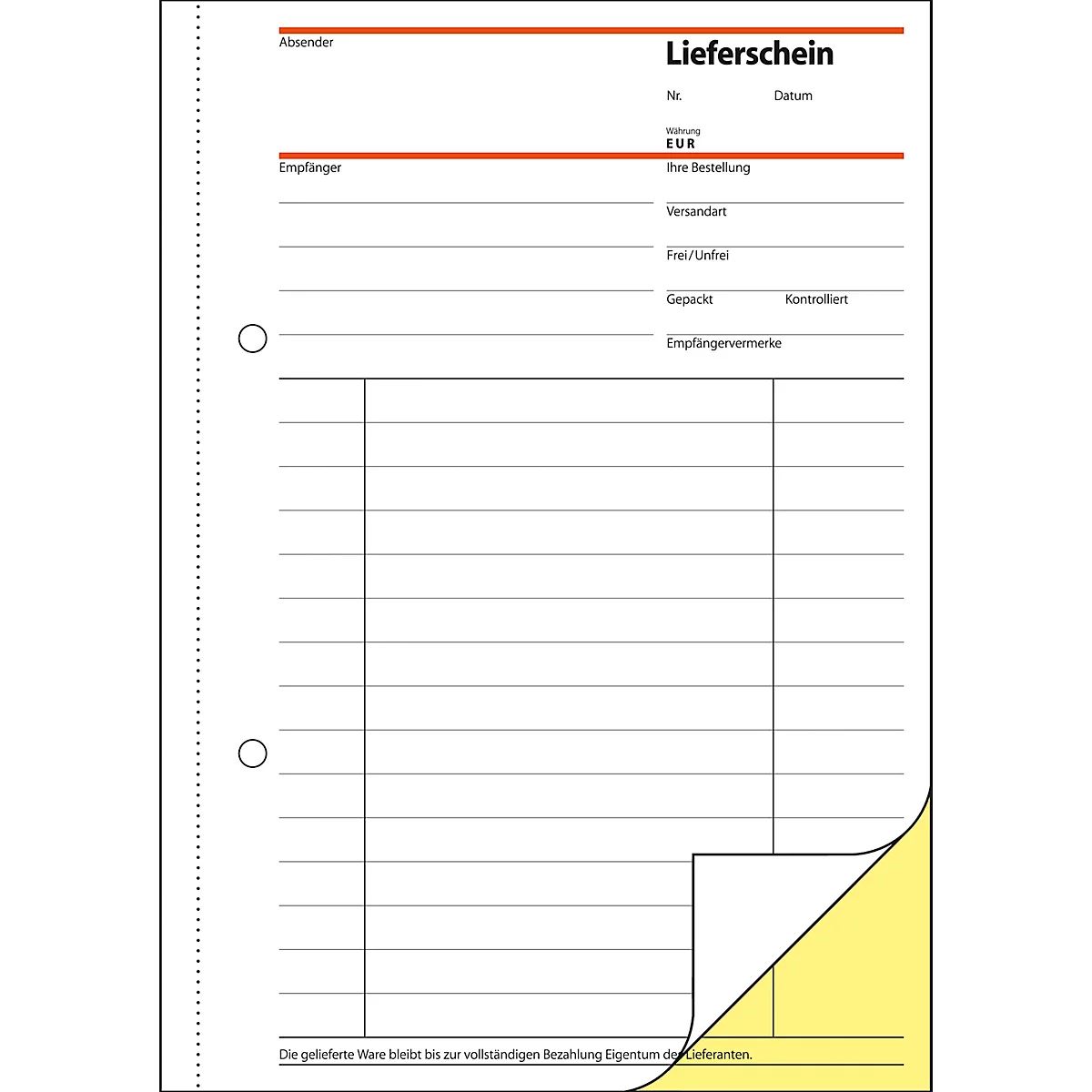 A white delivery note form with a yellow corner. "Lieferschein" is written at the top.