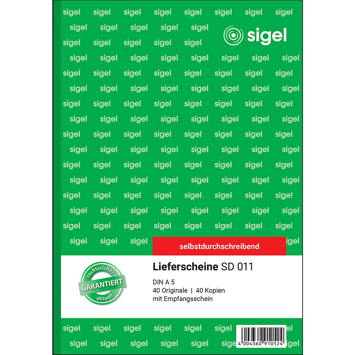 Green Sigel product for delivery notes, text: "self-copying, delivery notes SD 011, DIN A5, 40 originals/40 copies with receipt".