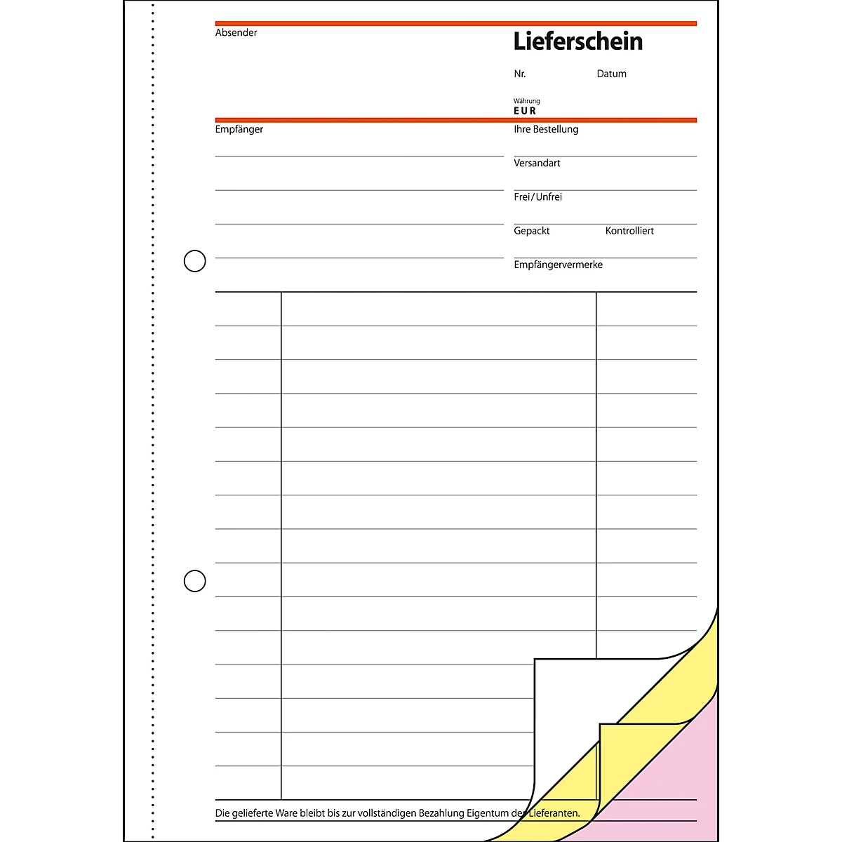 A white delivery note form with red lettering and lines. Colored markings can be seen at the bottom.