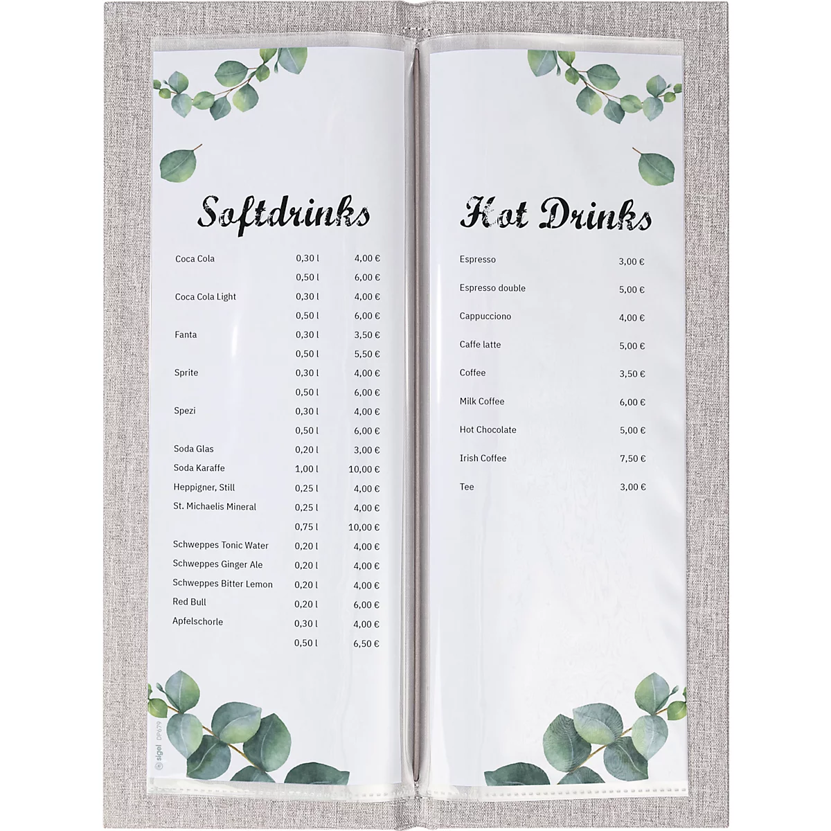 Sigel Dossier boissons GM221, format A4 mi-hauteur, y compris 2 doubles pochettes transparentes pour 8 pages A4, reliure en caoutchouc, bois/PU, marron-gris clair, 1 pièce