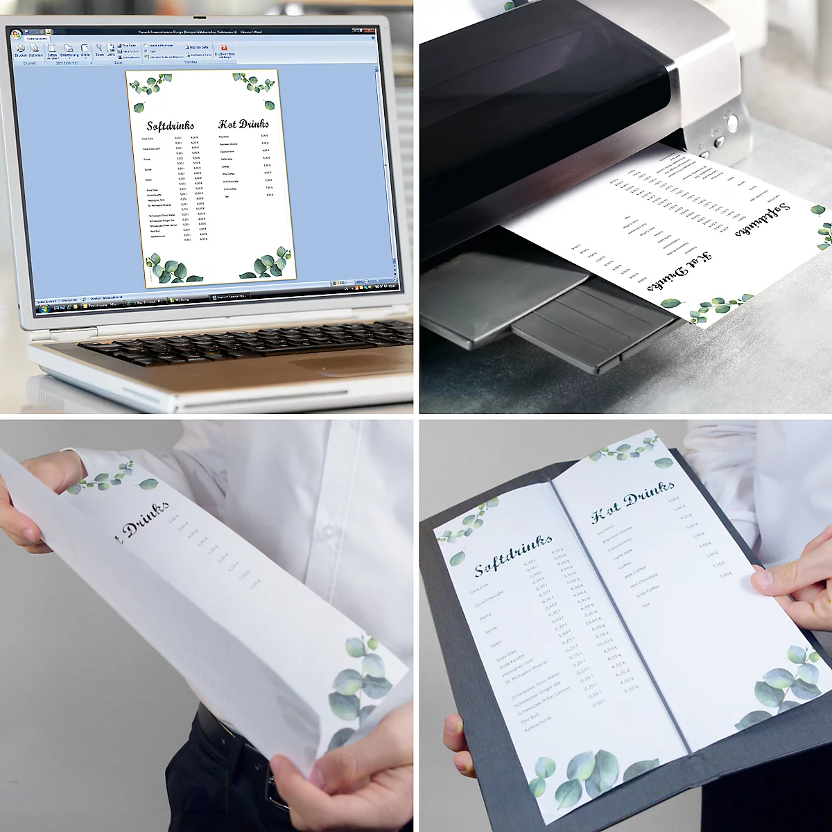 Menus gris avec détails en bois et inscription Drinks sur une table avec des amuse-gueules.