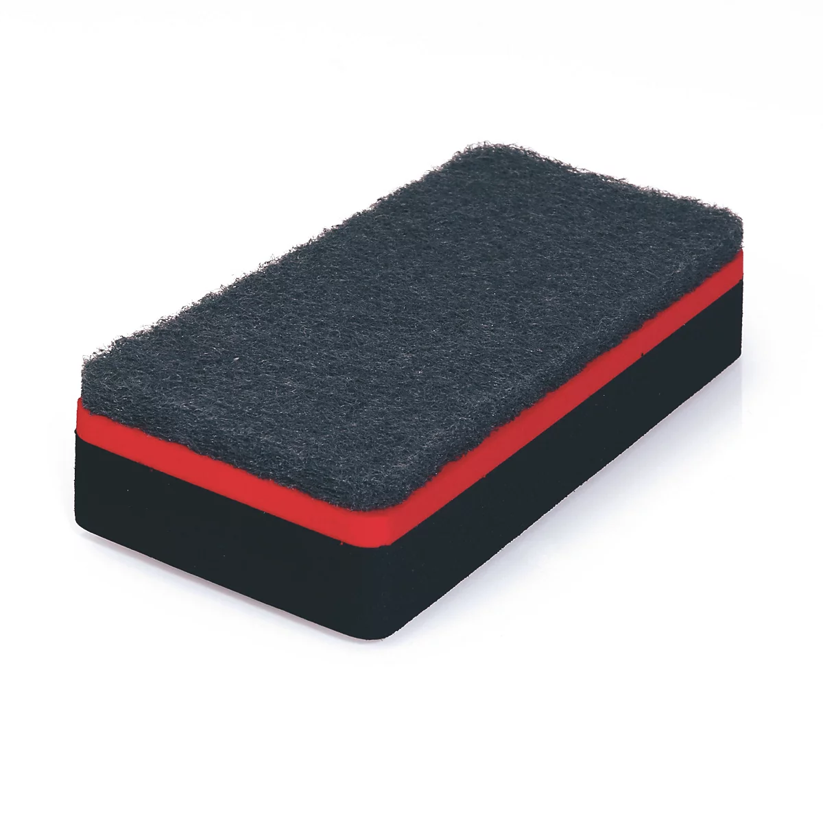 Éponge rectangulaire noire avec surface grise, rayure rouge et bord noir.