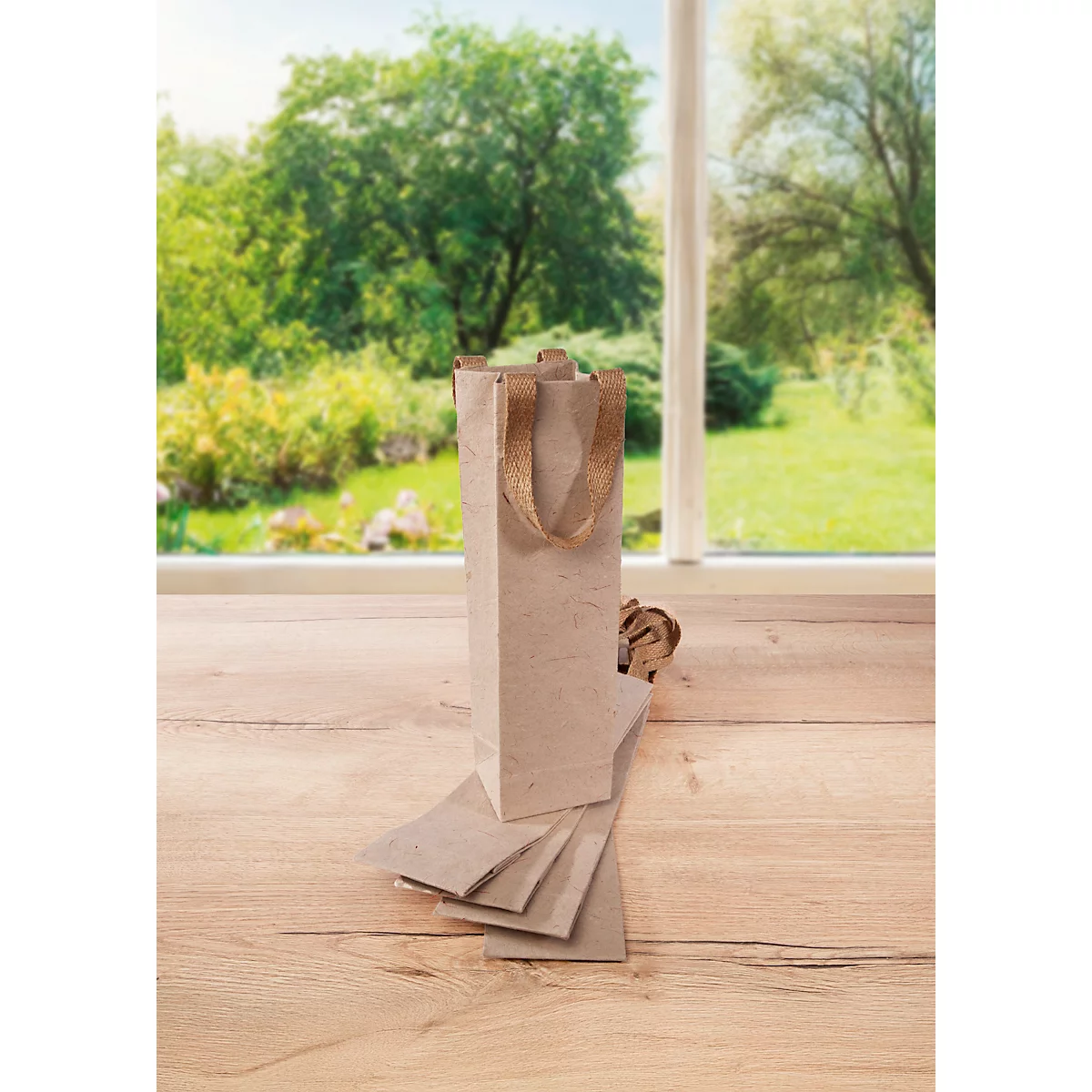 Sigel Flaschentasche Natural Red Coco, Grösse S, mit Bodeneinlage und breiten Jutegriffen, L 80 x B 100 x H 355 mm, Jutefaserpapier, beige, 5 Stück