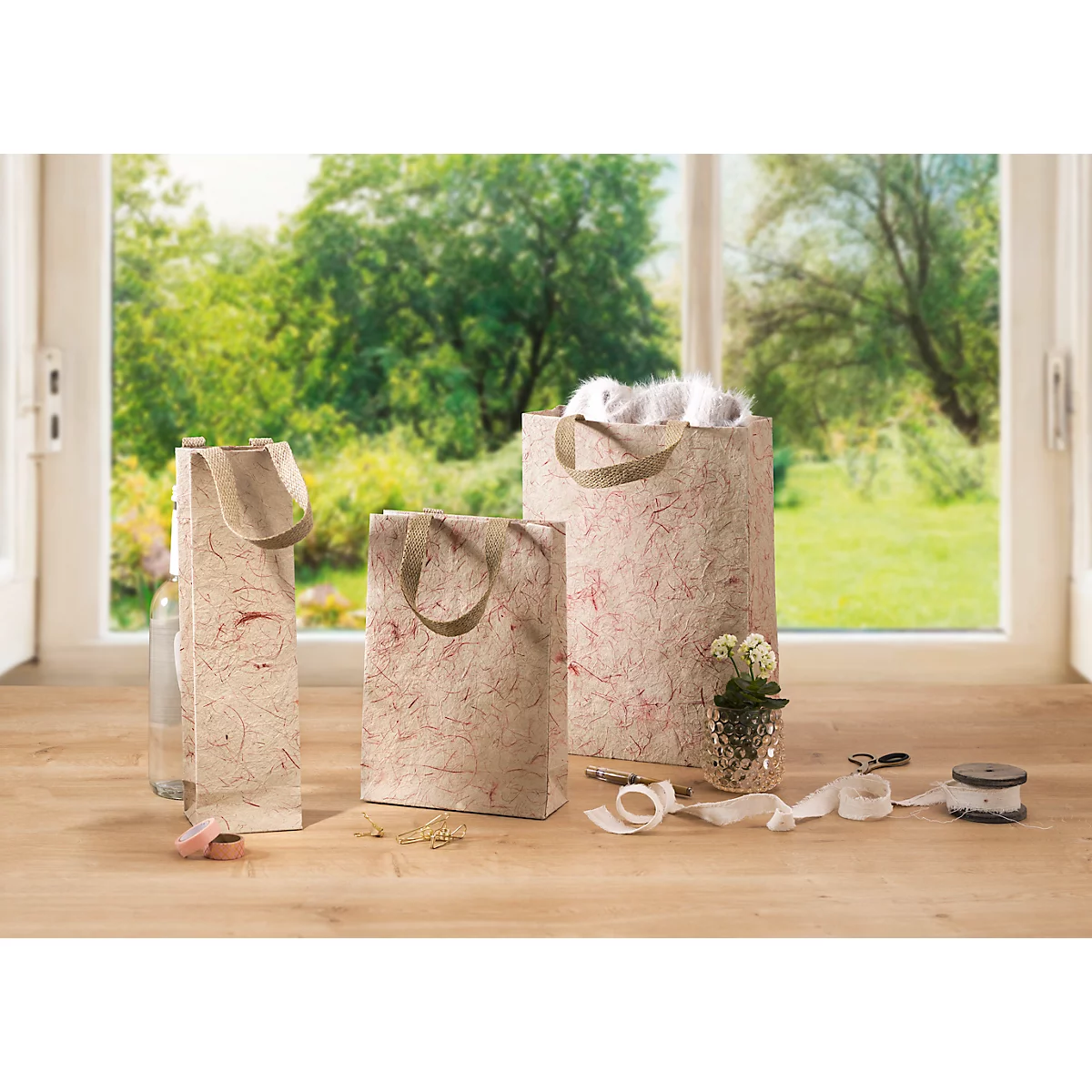 Sigel Flaschentasche Natural Red Coco, Grösse S, mit Bodeneinlage und breiten Jutegriffen, L 80 x B 100 x H 355 mm, Jutefaserpapier, beige, 5 Stück