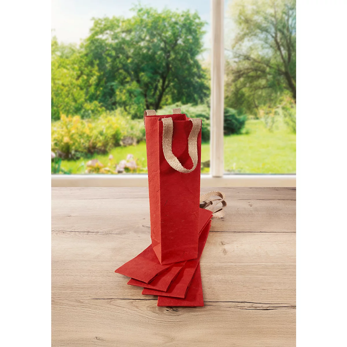 Sigel Flaschentasche Red Coco, Grösse S, mit Bodeneinlage und breiten Jutegriffen, L 80 x B 100 x H 355 mm, Jutefaserpapier, rot, 5 Stück