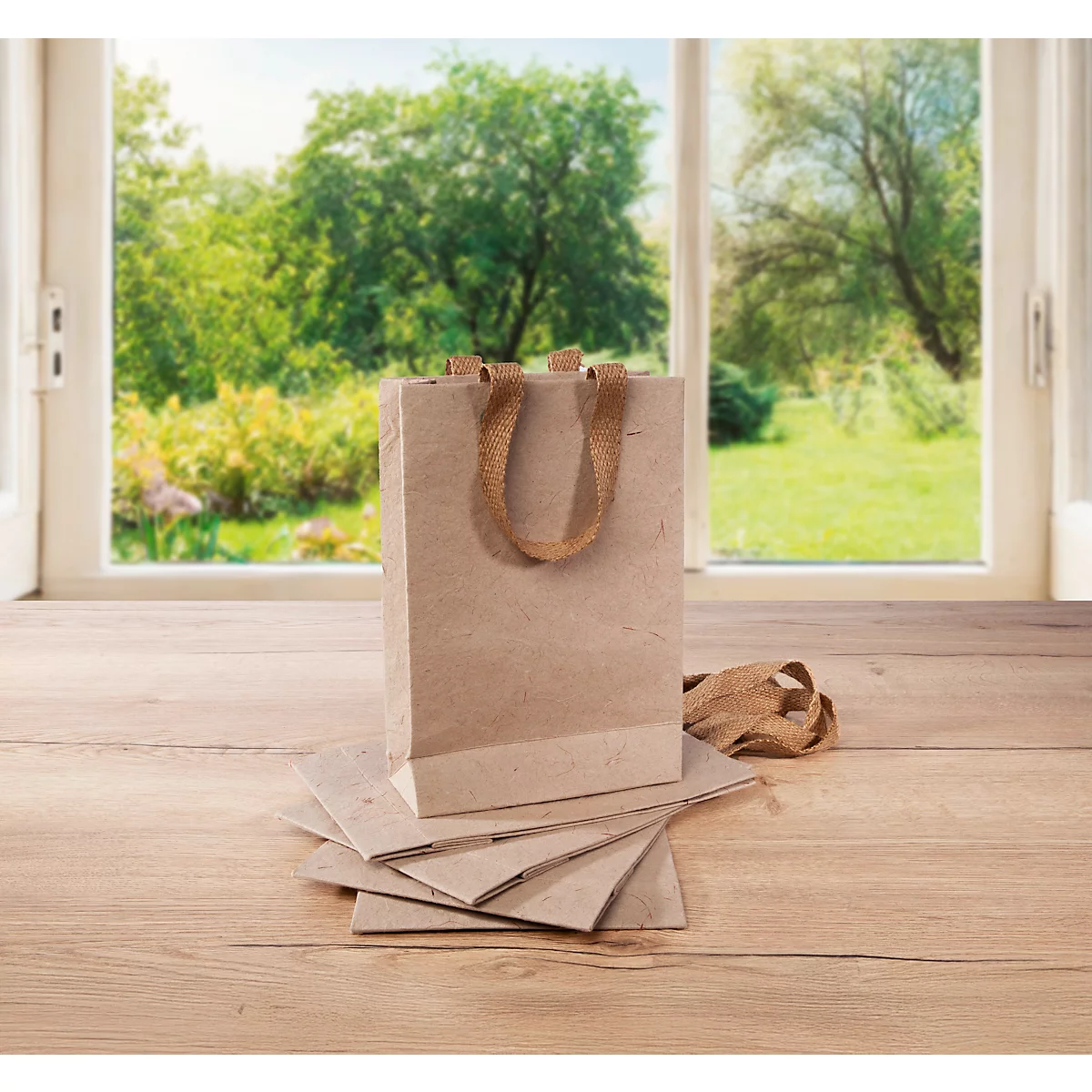 Sigel Geschenktüte Natural Red Coco, Grösse S, mit Bodeneinlage und breiten Jutegriffen, L 80 x B 190 x H 280 mm, Jutefaserpapier, beige, 5 Stück