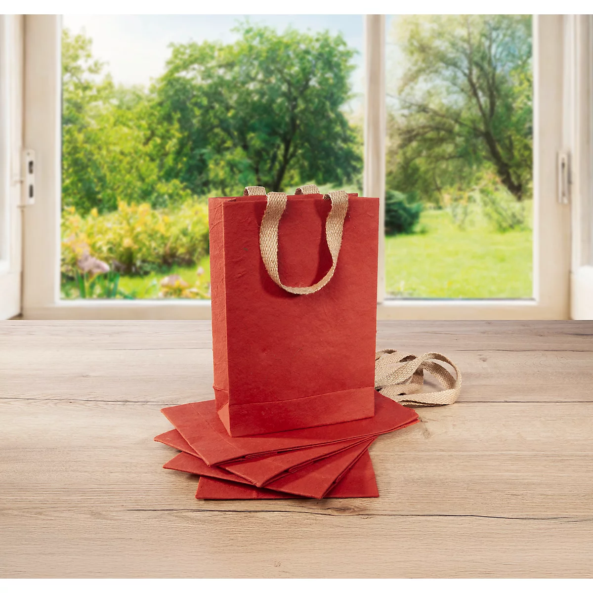 Sigel Geschenktüte Red Coco, Grösse S, mit Bodeneinlage und breiten Jutegriffen, L 80 x B 190 x H 280 mm, Jutefaserpapier, rot, 5 Stück