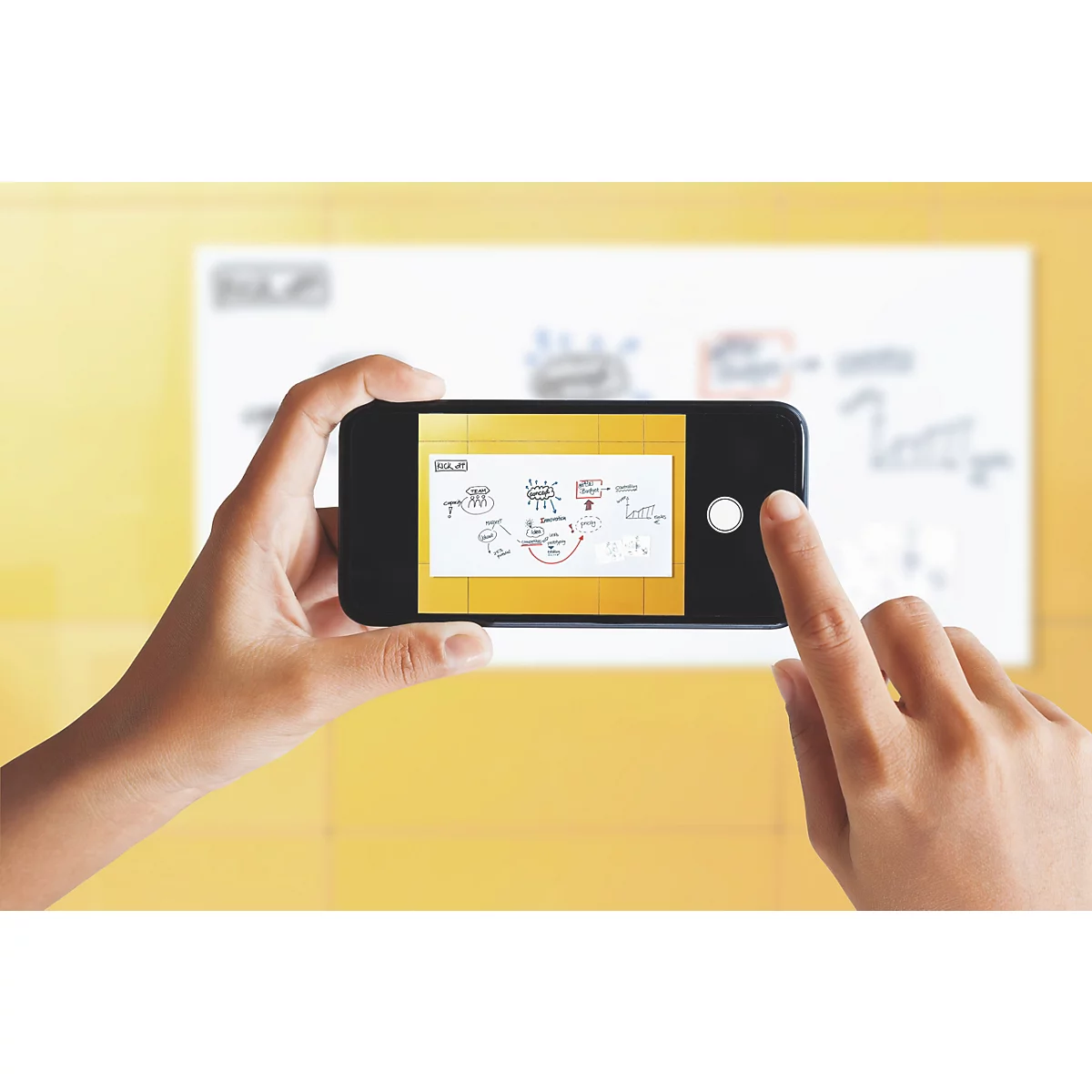 Person fotografiert mit Smartphone eine Präsentation. Finger berühren das Telefon. Gelber Hintergrund.