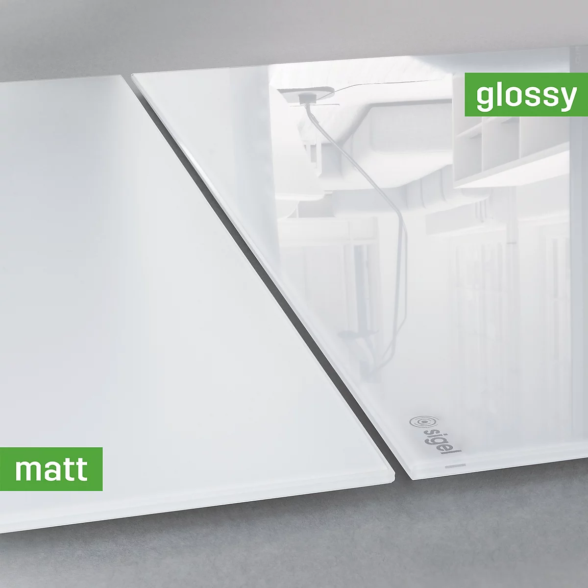 Nahaufnahme: Matt und glänzend weiße Oberflächen. Links matt, rechts glänzend mit Spiegelung. Text: matt, glossy.