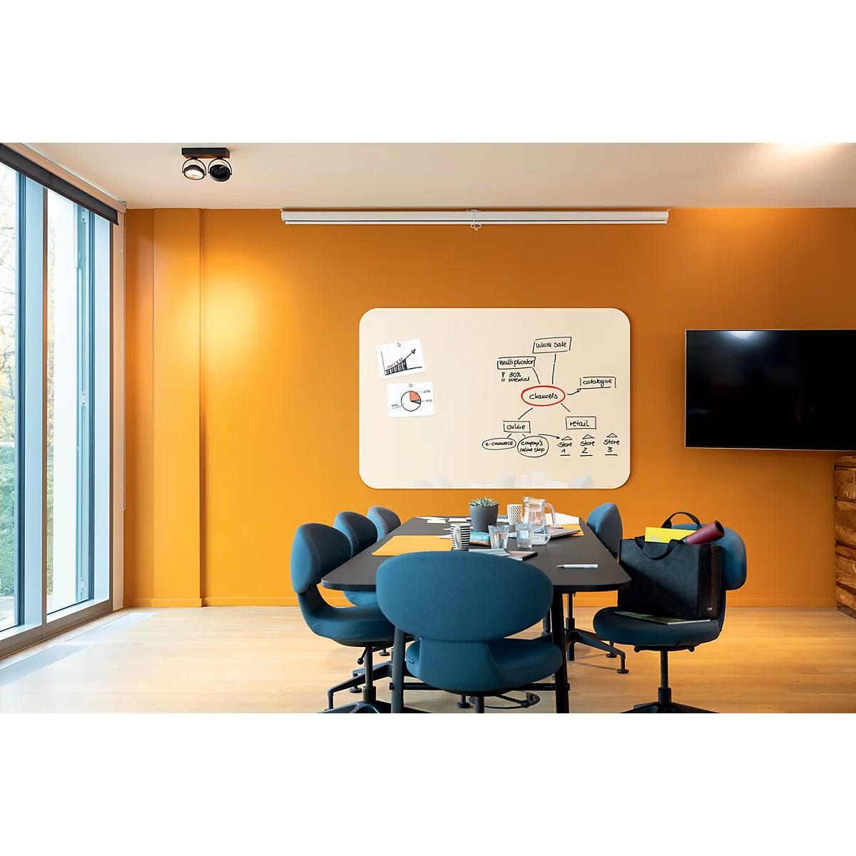 Ein Konferenzraum mit orangefarbenen Wänden und blauen Stühlen. Ein Whiteboard mit Diagrammen hängt an der Wand. Auf dem Tisch stehen Gläser.