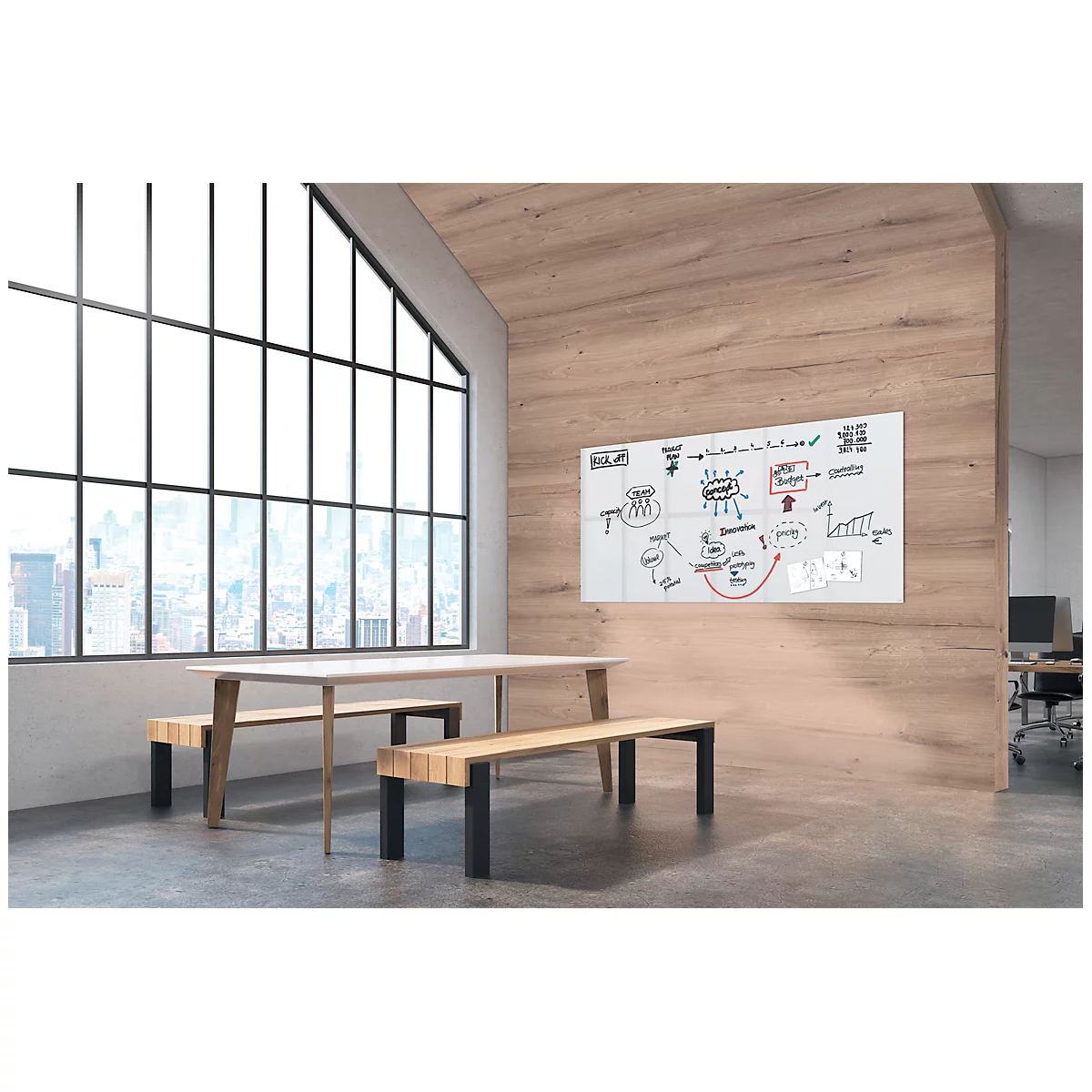 Sigel Glas-Whiteboard Artverum, glänzend, super-weiß, magnethaftend, 2400 x 1200 mm + 2 SuperDym-Magnete