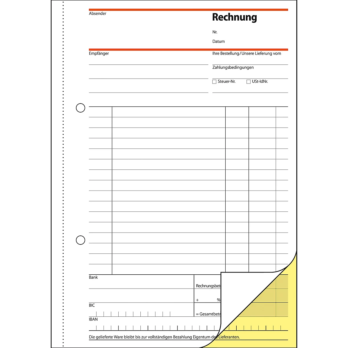 A white invoice form with orange accents, slightly turned up at one corner.
