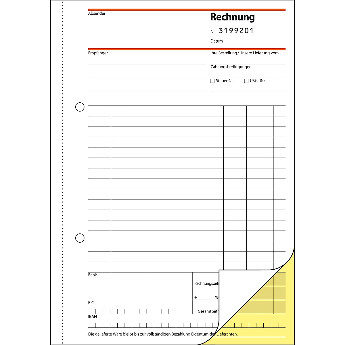 A perforated invoice with text and lines. One corner is colored yellow and folded over.