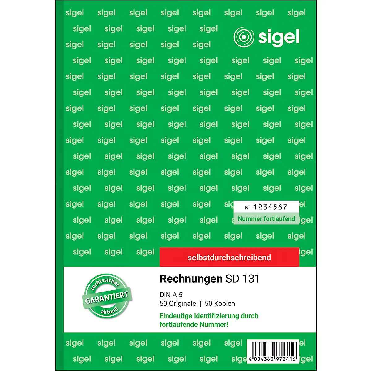 Green invoice blocks with sequential numbering and the 'sigel' logo. The block is titled 'Rechnungen SD 131'.