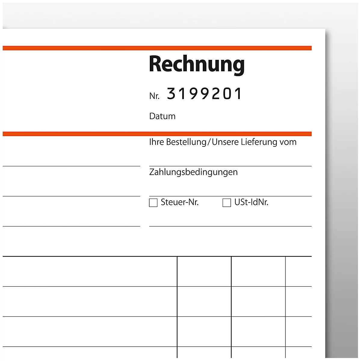 Invoice, orange line, title: Invoice, No. 3199201, other fields below.