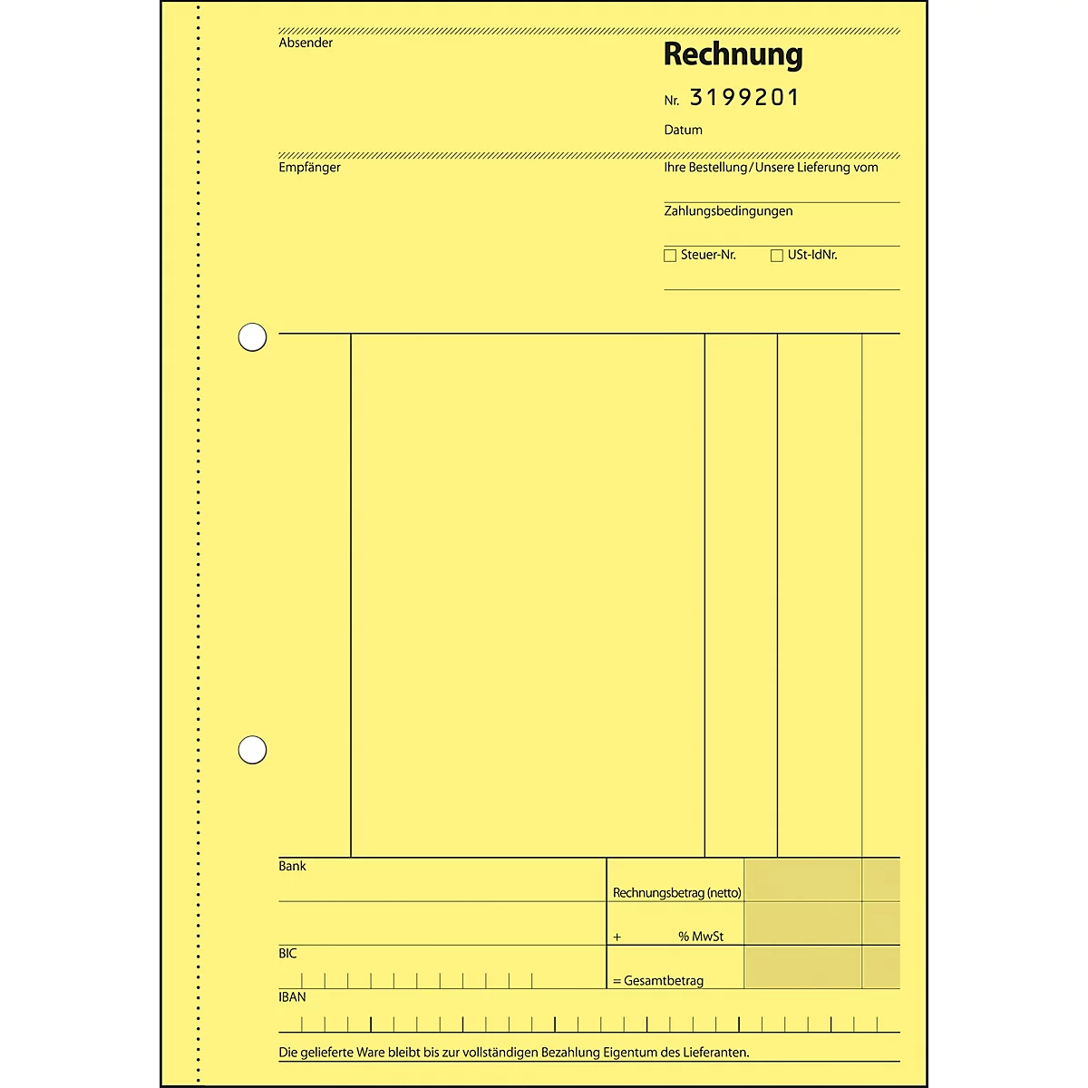 Yellow invoice form with perforation and lettering. At the top it says "invoice", below the invoice number.