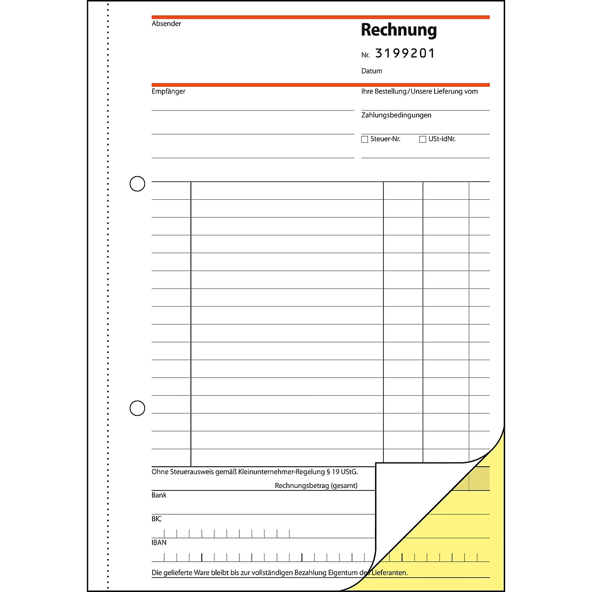 White invoice form with lines and text, lower right corner backed with yellow paper.
