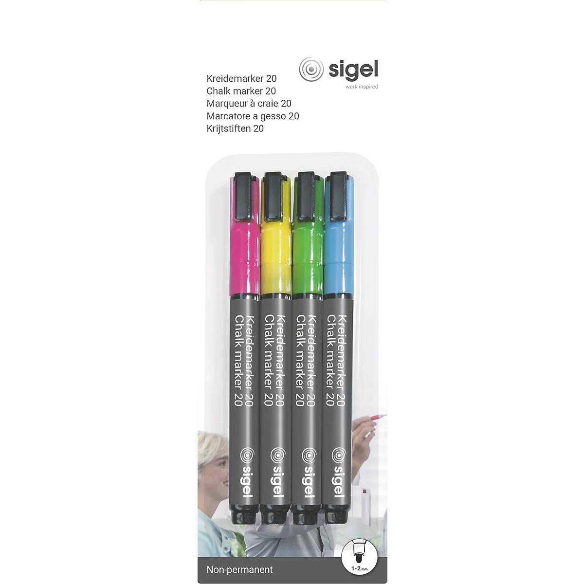 Verpakking met vier krijtstiften in roze, geel, groen en blauw, met zwarte punt, met de inscriptie "Kreidemarker 20".