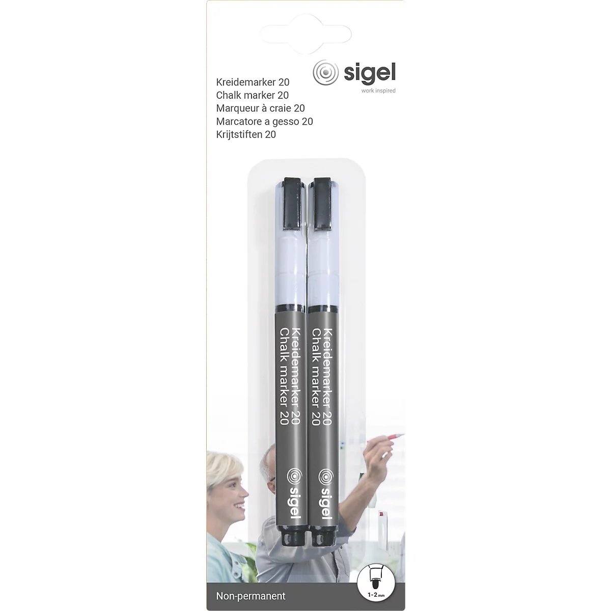 Twee zwarte krijtstiften in een verpakking. Opdruk: Kreidemarker 20, Chalk marker 20, sigel logo.